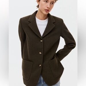 H&M Dark Olive Women's Single-breasted blazer in a woven wool blend.